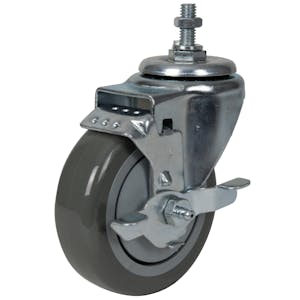Gray Polyurethane Swivel Caster with 4" OD x 1-1/4" W Wheel w/Brake & 1-1/2" Long 3/8"-16 Threaded Stem