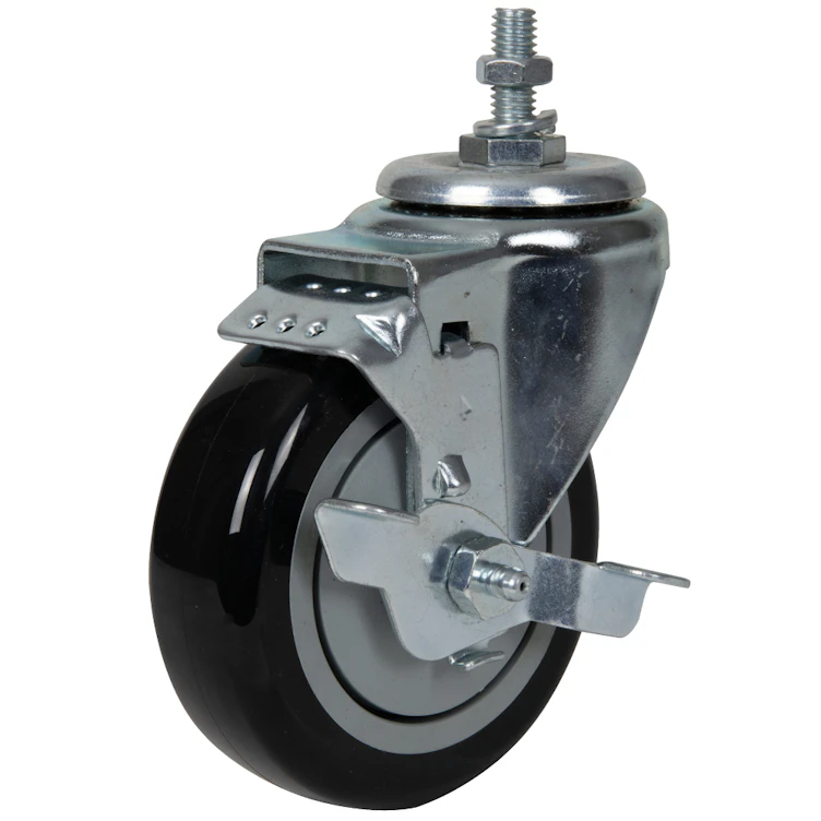 Black Polyurethane Swivel Caster with 4" OD x 1-1/4" W Wheel w/Brake & 1-1/2" Long 3/8"-16 Threaded Stem
