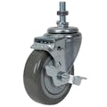 Gray Polyurethane Swivel Caster with 4" OD x 1-1/4" W Wheel w/Brake & 1-1/2" Long 1/2"-13 Threaded Stem