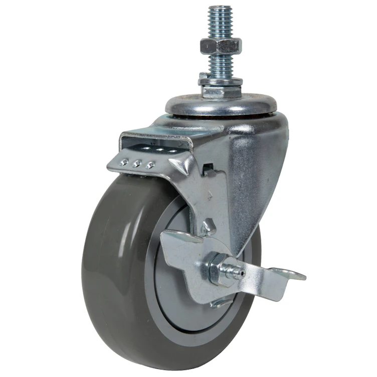 Gray Polyurethane Swivel Caster with 4" OD x 1-1/4" W Wheel w/Brake & 1-1/2" Long 1/2"-13 Threaded Stem