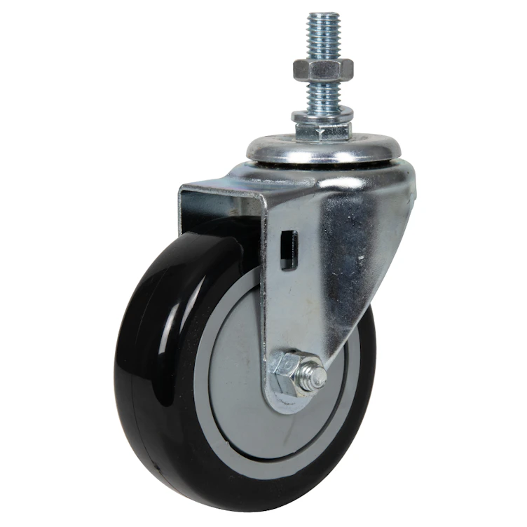 Black Polyurethane Swivel Caster with 4" OD x 1-1/4" W Wheel & 1-1/2" Long 1/2"-13 Threaded Stem