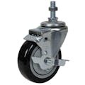Black Polyurethane Swivel Caster with 4" OD x 1-1/4" W Wheel w/Brake & 1-1/2" Long 1/2"-13 Threaded Stem