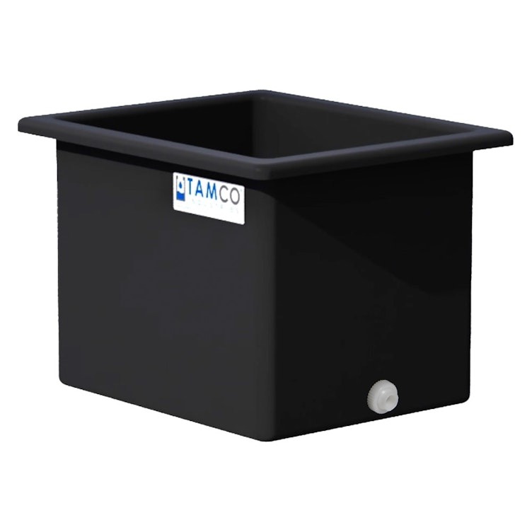 70 Gallon Black LLDPE Rectangular Tamco® Heavy-Duty Tank with External Flange & 2" Polypropylene Bulkhead Fitting - 30" L x 24" W x 24" Hgt. (Cover Sold Separately)