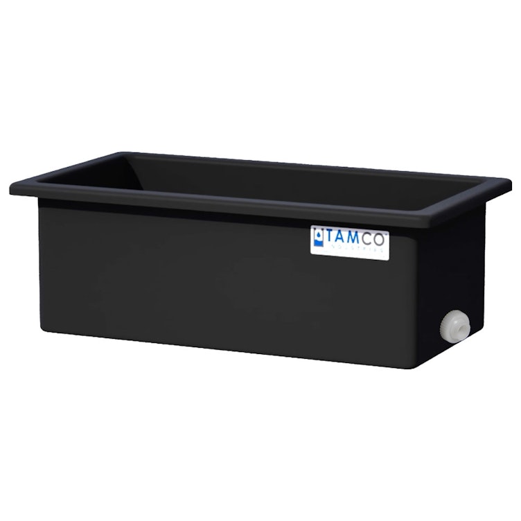 75 Gallon Black LLDPE Rectangular Tamco® Heavy-Duty Tank with External Flange & 2" Polypropylene Bulkhead Fitting - 48" L x 24" W x 18" Hgt. (Cover Sold Separately)
