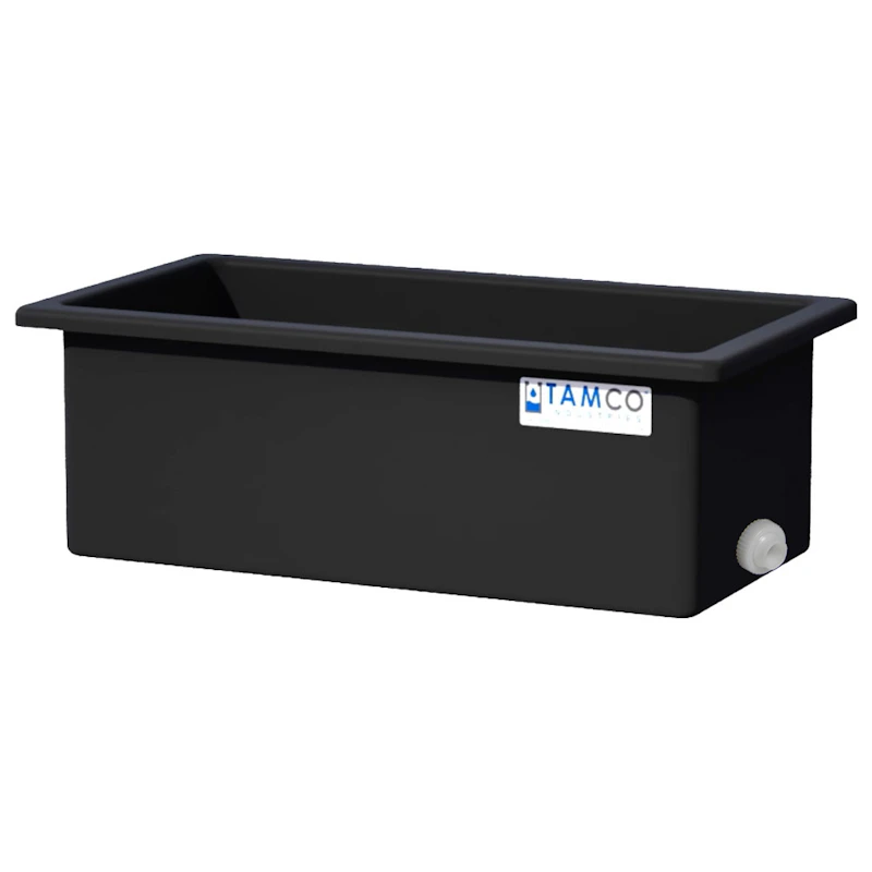 75 Gallon Black LLDPE Rectangular Tamco® Heavy-Duty Tank with External Flange & 2" Polypropylene Bulkhead Fitting - 48" L x 24" W x 18" Hgt. (Cover Sold Separately)