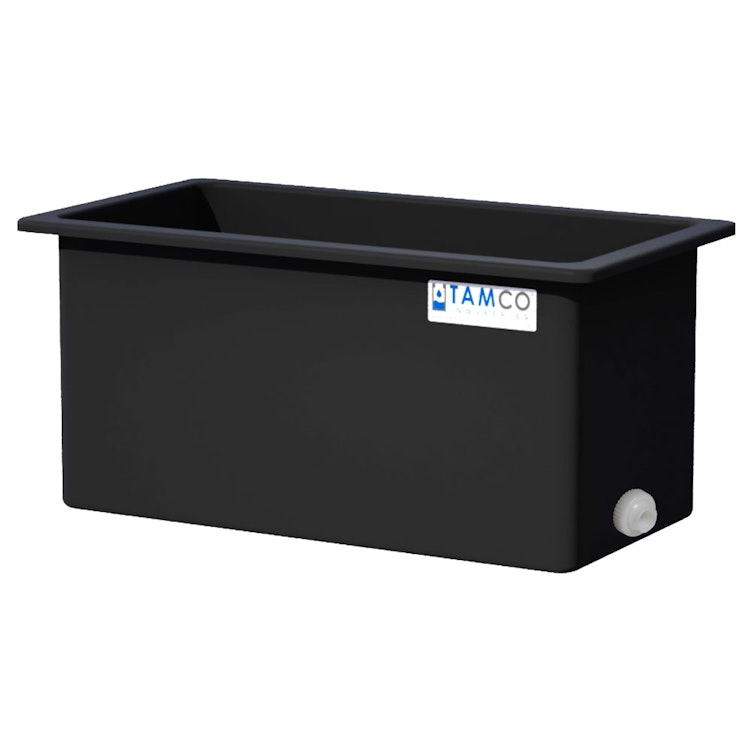 105 Gallon Black LLDPE Rectangular Tamco® Heavy-Duty Tank with External Flange & 2" Polypropylene Bulkhead Fitting - 48" L x 24" W x 24" Hgt. (Cover Sold Separately)