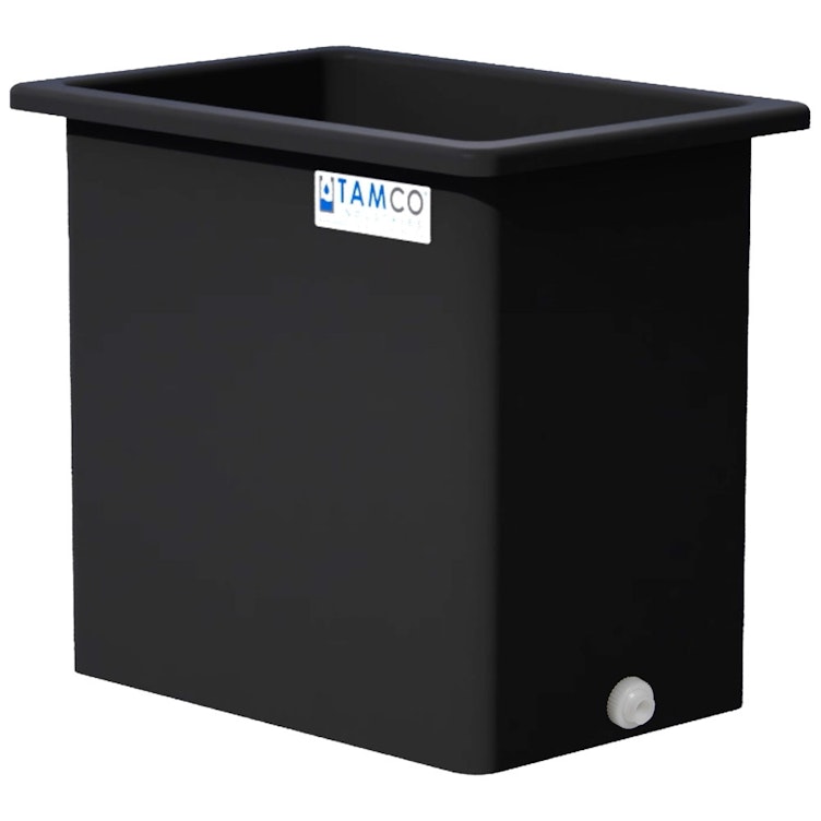 135 Gallon Black LLDPE Rectangular Tamco® Heavy-Duty Tank with External Flange & 2" Polypropylene Bulkhead Fitting - 36" L x 24" W x 36" Hgt. (Cover Sold Separately)