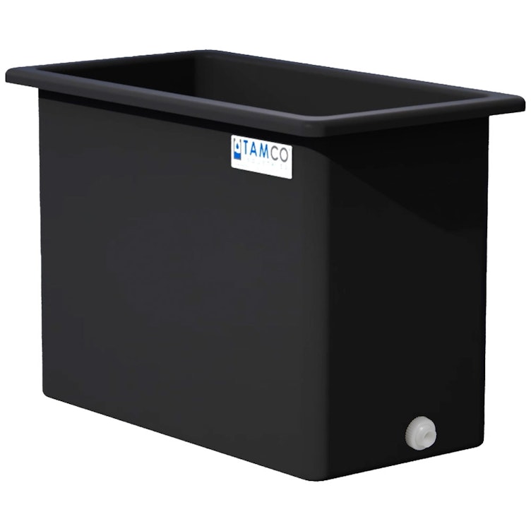160 Gallon Black LLDPE Rectangular Tamco® Heavy-Duty Tank with External Flange & 2" Polypropylene Bulkhead Fitting - 48" L x 24" W x 36" Hgt. (Cover Sold Separately)