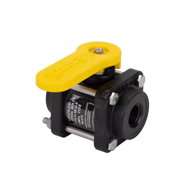 1/2" FNPT Banjo® Black Fiberglass-Reinforced Polypropylene Bolted Ball Valve with 3/4" Flow Size (Full Port) - Square Endplates with 4 Bolts
