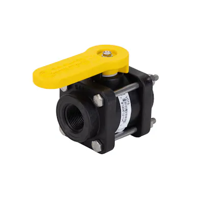 3/4" FNPT Banjo® Black Fiberglass-Reinforced Polypropylene Bolted Ball Valve with 3/4" Flow Size (Full Port) - Square Endplates with 4 Bolts