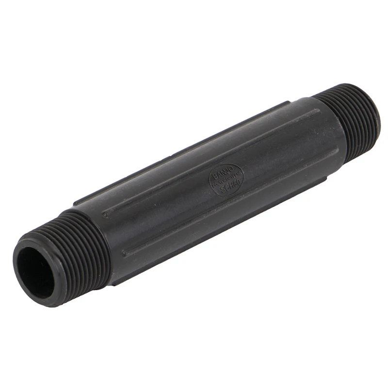 3/4" MNPT x 6" Banjo® Black Fiberglass-Reinforced Polypropylene Pipe Nipple