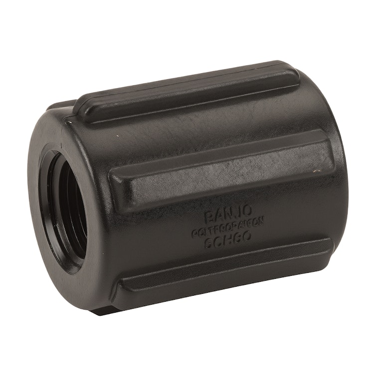 1/2" FNPT Banjo® Black Fiberglass-Reinforced Polypropylene Pipe Coupling