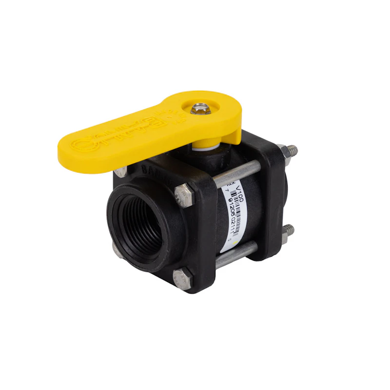1" FNPT Banjo® Black Fiberglass-Reinforced Polypropylene Bolted Ball Valve with 3/4" Flow Size (Standard Port) - Square Endplates with 4 Bolts