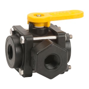 3/4" FNPT Banjo® Black Fiberglass-Reinforced Polypropylene 3-Way Side Load Ball Valve with FKM Seals