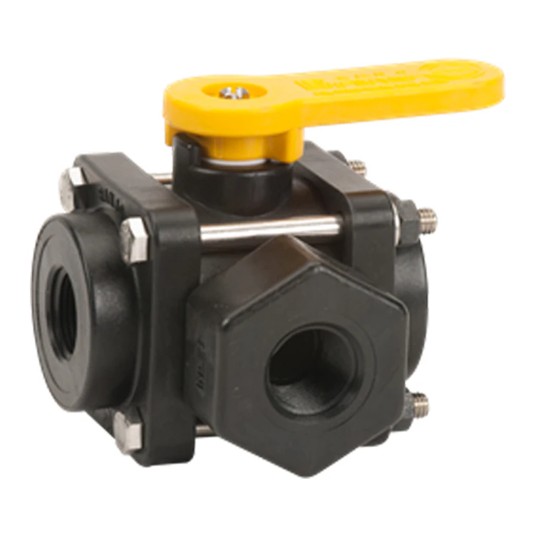 3/4" FNPT Banjo® Black Fiberglass-Reinforced Polypropylene 3-Way Side Load Ball Valve with FKM Seals