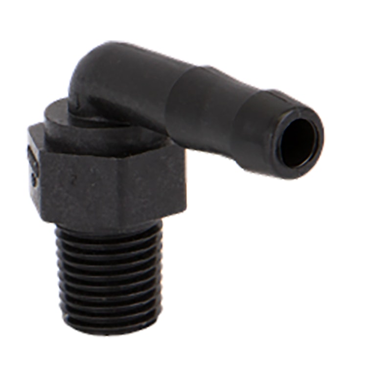 1/4" MNPT x 3/8" Hose Barb Polypropylene 90° Elbow