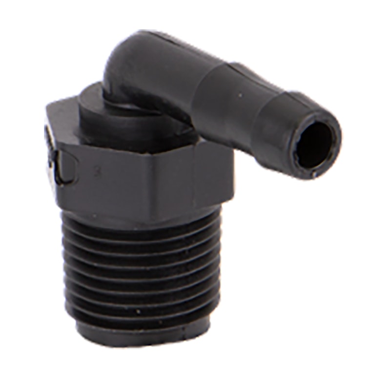1/2" MNPT x 3/8" Hose Barb Polypropylene 90° Elbow