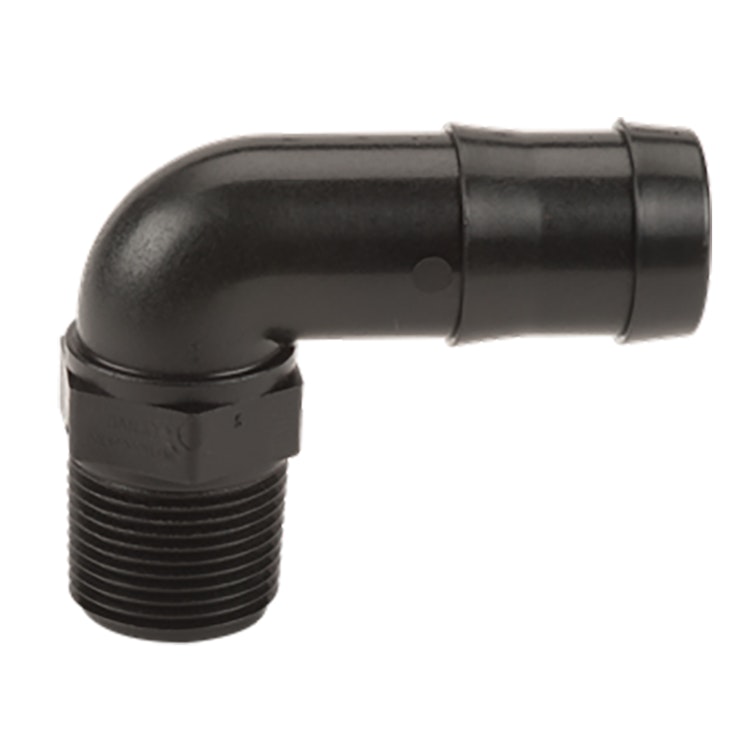 3/4" MNPT x 1" Hose Barb Polypropylene 90° Elbow