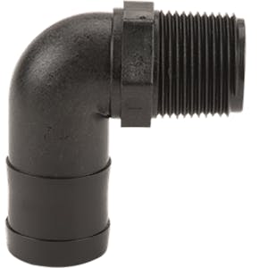 1" MNPT x 1-1/4" Hose Barb Polypropylene 90° Elbow