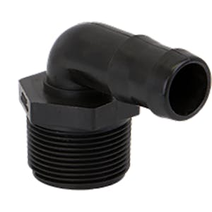 1-1/4" MNPT x 1" Hose Barb Polypropylene 90° Elbow