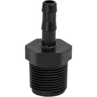 3/4" MNPT x 3/8" Hose Barb Banjo® Black Fiberglass-Reinforced Polypropylene Adapter