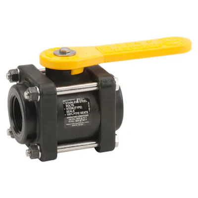 1-1/4" FNPT Banjo® Black Fiberglass-Reinforced Polypropylene Bolted Ball Valve with 1-1/2" Flow Size (Full Port) - Square Endplates with 4 Bolts