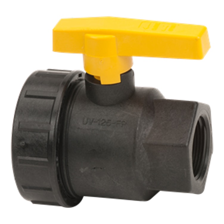 1-1/4" FNPT Banjo® Black Fiberglass-Reinforced Polypropylene Full Port Single Union Valve with 1-1/4" Flow Size & FKM Seals