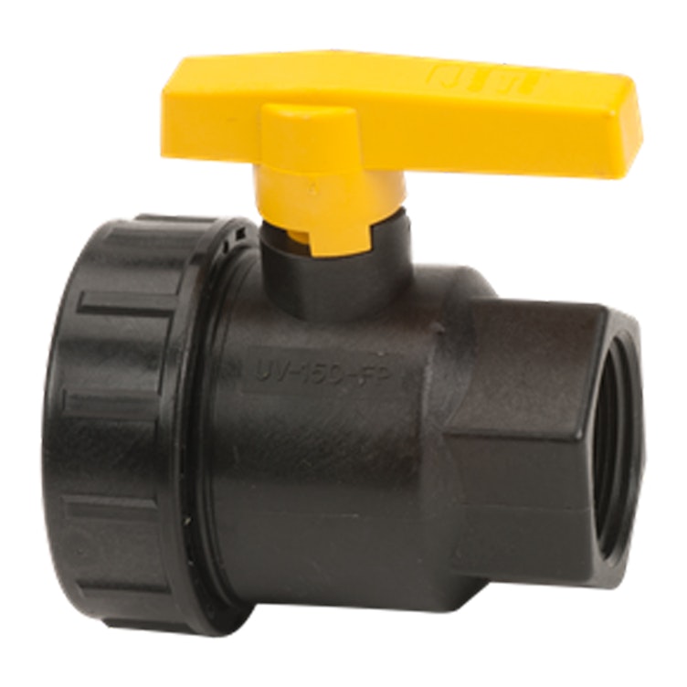 1-1/2" FNPT Banjo® Black Fiberglass-Reinforced Polypropylene Full Port Single Union Valve with 1-1/2" Flow Size & FKM Seals