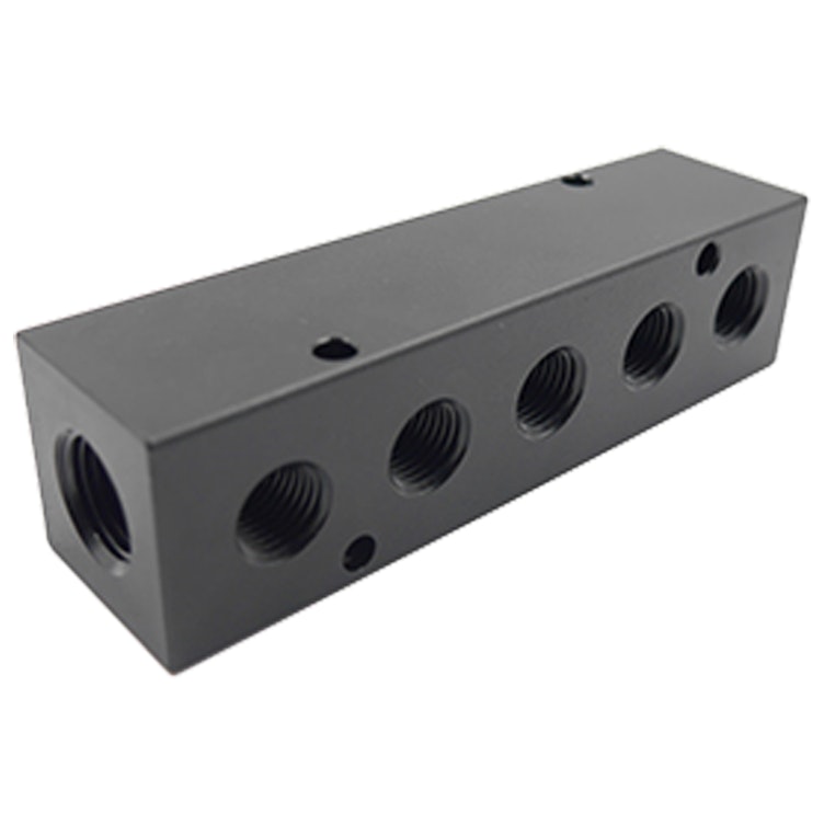3/8" FNPT Inlet x (5) 1/4" FNPT Outlets Black Aluminum Manifold