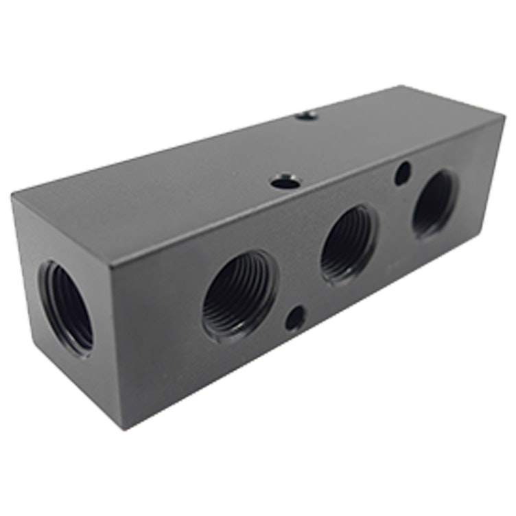 3/8" FNPT Inlet x (3) 3/8" FNPT Outlets Black Aluminum Manifold