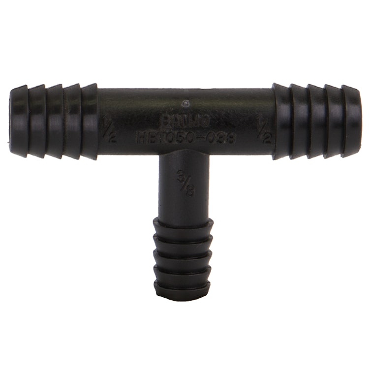 1/2" Hose Barb x 1/2" Hose Barb x 3/8" Hose Barb Banjo® Black Fiberglass-Reinforced Polypropylene Tee