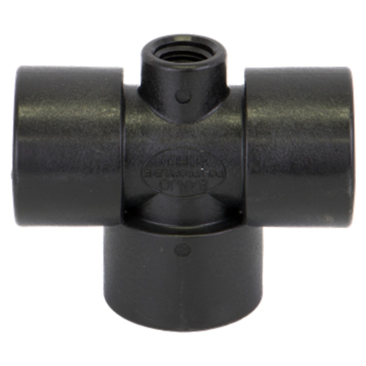 3/4" FNPT x 3/4" FNPT x 3/4" FNPT Banjo® Black Fiberglass-Reinforced Polypropylene Pipe Gauge Port Tee with 1/4" FNPT Gauge Port