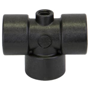 1" FNPT x 1" FNPT x 1" FNPT Banjo® Black Fiberglass-Reinforced Polypropylene Pipe Gauge Port Tee with 1/4" FNPT Gauge Port