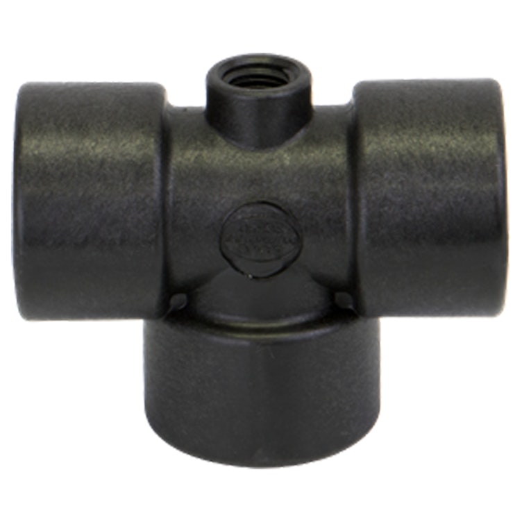 1" FNPT x 1" FNPT x 1" FNPT Banjo® Black Fiberglass-Reinforced Polypropylene Pipe Gauge Port Tee with 1/4" FNPT Gauge Port