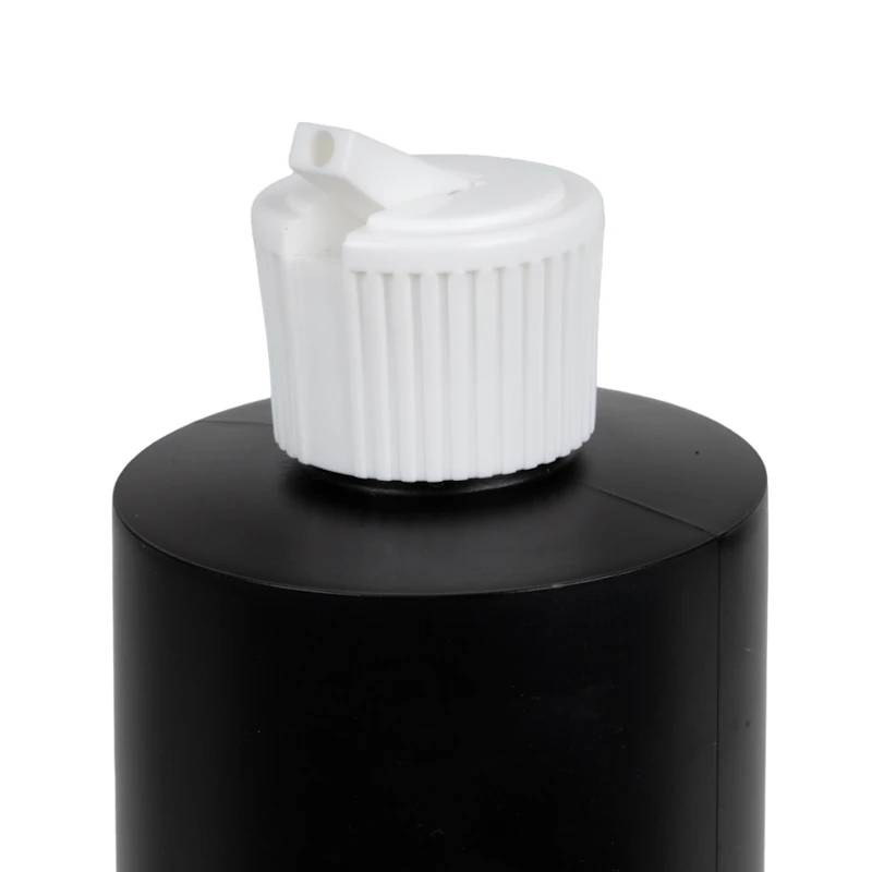 12 oz. Black HDPE Cylindrical Sample Bottle with 24/410 White Ribbed Flip-Top Dispensing Cap