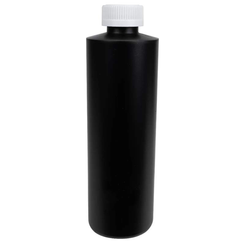 16 oz. Black HDPE Cylindrical Sample Bottle with 28/410 White Ribbed Polypropylene Child-Resistant Cap (CRC) with F217 Liner