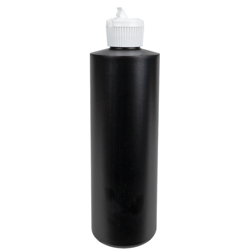 16 oz. Black HDPE Cylindrical Sample Bottle with 28/410 White Ribbed Flip-Top Dispensing Cap