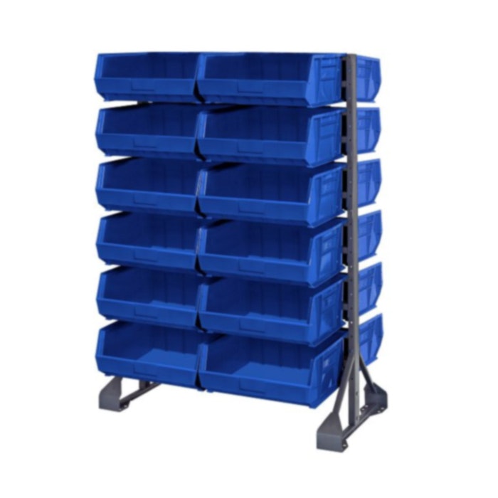 Double Sided Rack with 12 Rails & 24 Blue Bins 14-3/4