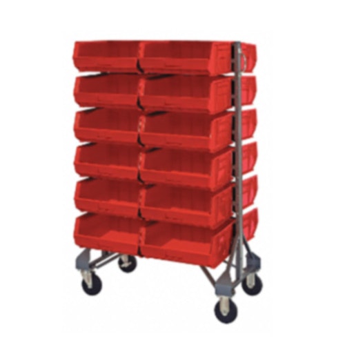 Double Sided Rack with 12 Rails & 24 Red Bins 14-3/4" L x 16-1/2" W x 7" Hgt.