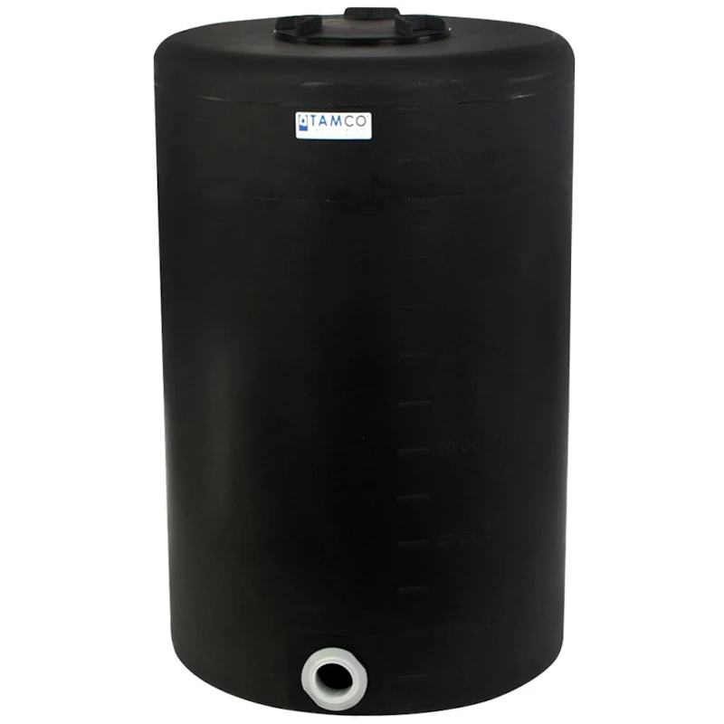65 Gallon Tamco® Vertical Black PE Tank with 8" Lid & 2" Fitting - 24" Dia. x 38" Hgt.