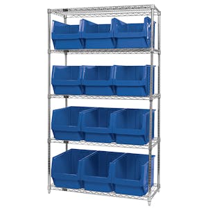 Bin System with 5 Shelves & 12 Blue Bins 19-3/4" L x 12-3/8" W x 11-7/8" Hgt.
