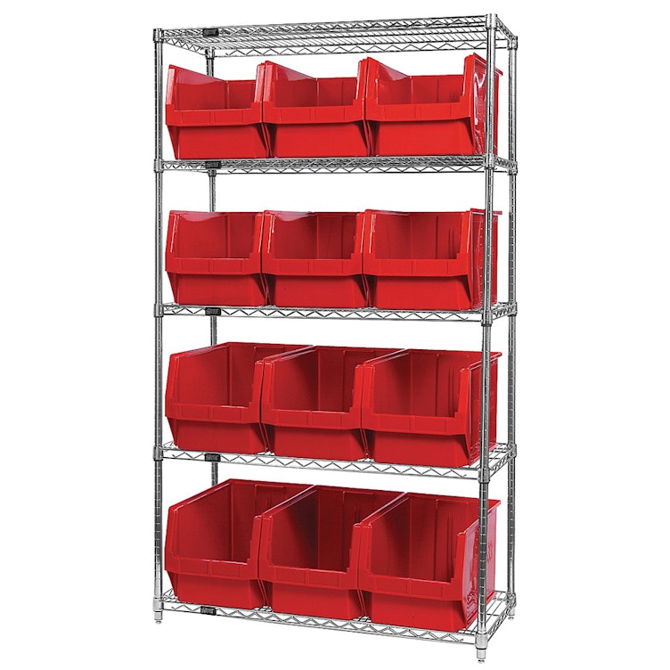 Bin System with 5 Shelves & 12 Red Bins 19-3/4" L x 12-3/8" W x 11-7/8" Hgt.