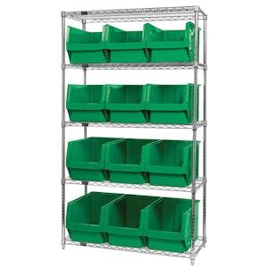 Bin System with 5 Shelves & 12 Green Bins 19-3/4" L x 12-3/8" W x 11-7/8" Hgt.