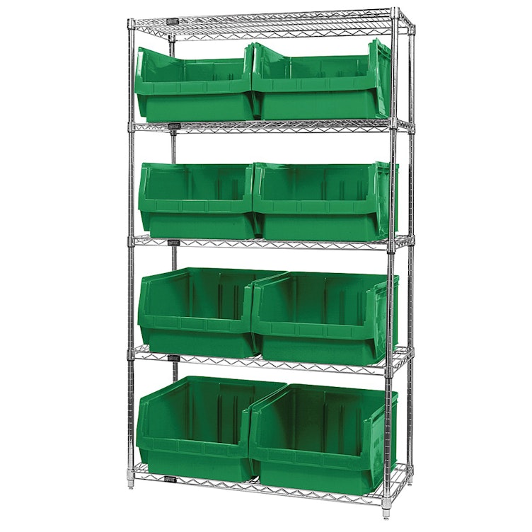 Bin System with 5 Shelves & 8 Green Bins 19-3/4" L x 18-3/8" W x 11-7/8" Hgt.