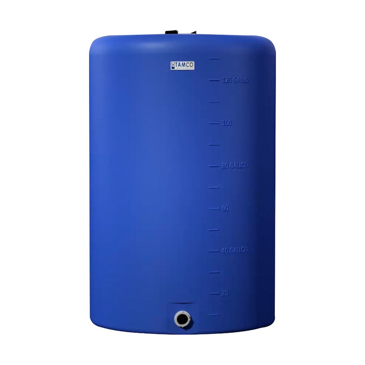 130 Gallon Tamco® Vertical Blue PE Tank with 8" Plain Lid & 2" Fitting - 30" Dia. x 47" Hgt.