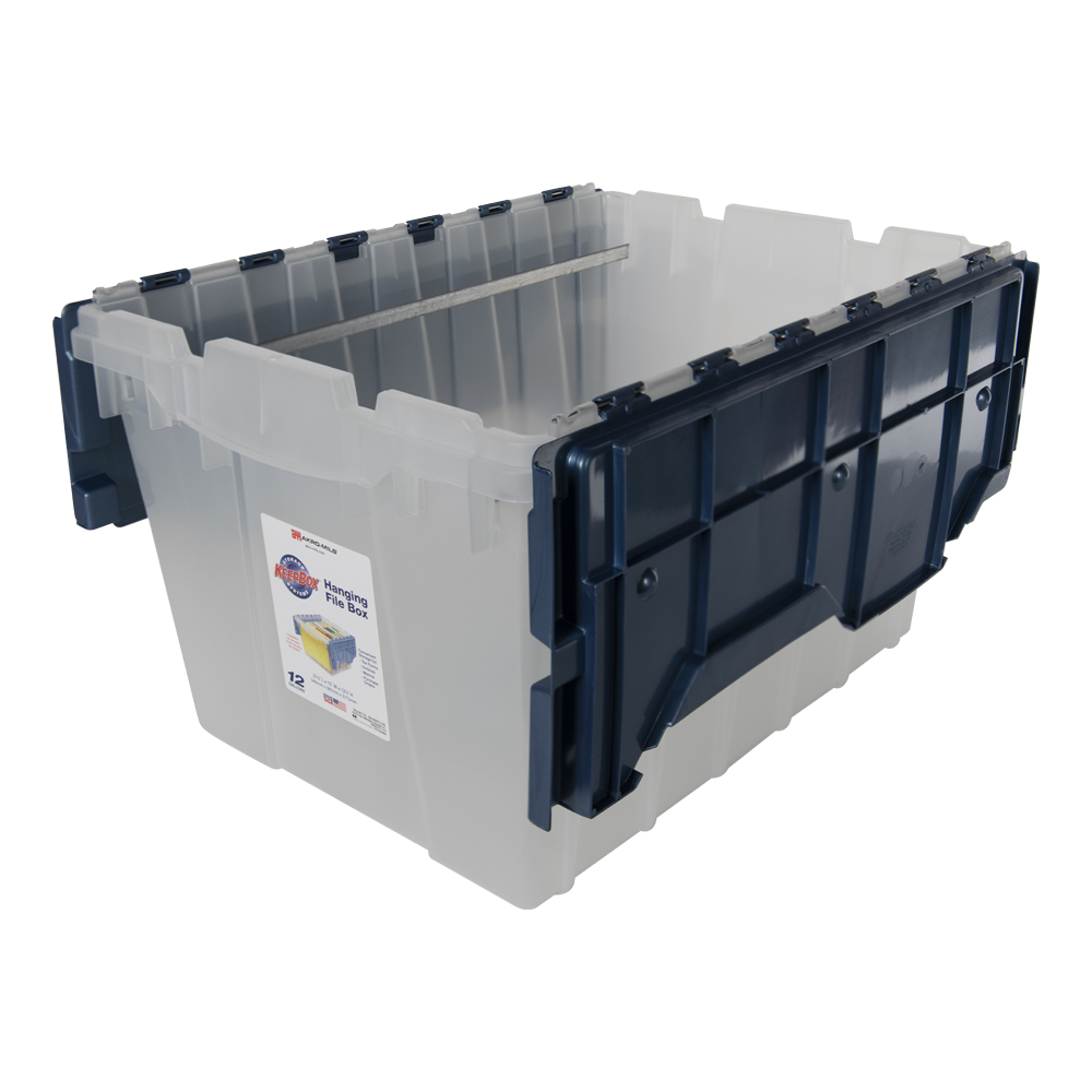 Clear AkroMils® Attached Lid Container with Blue Lid & Two Steel Rails