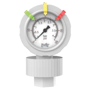 White PVDF OBS Series One-Piece Molded Pressure Gauge with Gauge Guard & PTFE Diaphragm - 0 to 60 psi Range
