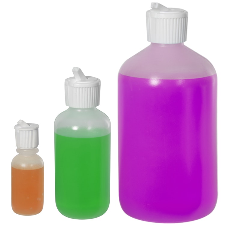 LDPE Boston Round Bottles with Flip-Top Dispensing Caps
