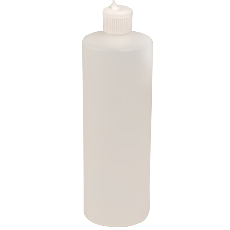 32 oz. Natural HDPE Cylindrical Sample Bottle with 28/410 White Ribbed Flip-Top Dispensing Cap