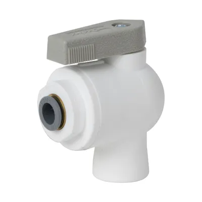1/4" OD Push-to-Connect x 1/4" FNPTF White Polypropylene LIQUIfit® Female Elbow Two-Way Ball Valve